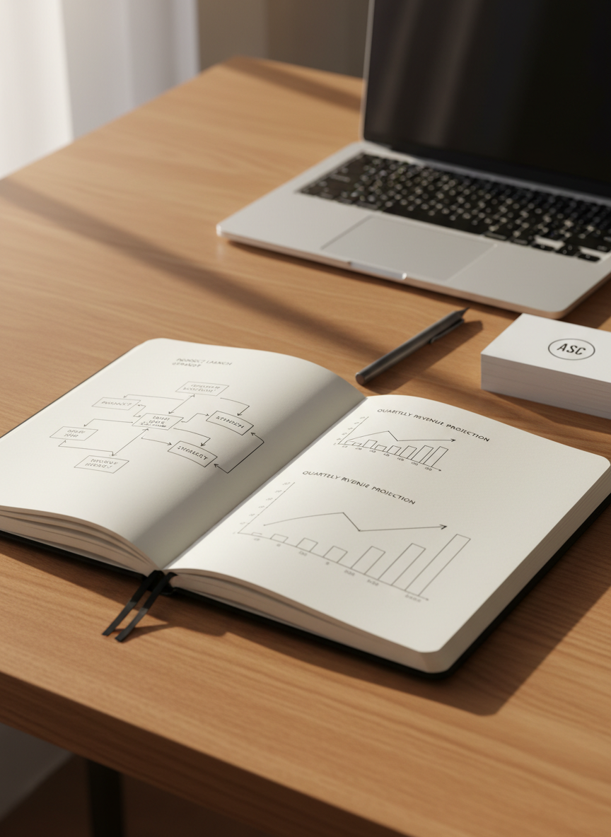 A sleek, matte-black hardcover notebook lies open on a warm oak desk, its pages filled with neatly sketched flowcharts and minimalist revenue graphs in dark ink. A slim silver laptop sits slightly out of focus behind it, lid half-closed beside a graphite mechanical pencil and a single, neatly stacked pile of business cards labeled with a simple logo. Soft morning daylight streams through an unseen window, casting clean, angled shadows and subtle highlights along the notebook’s spine. Photographic realism with a clean, modern aesthetic, shot at eye level with a shallow depth of field, creates a calm, focused atmosphere that suggests thoughtful entrepreneurship and strategic planning without any human presence.